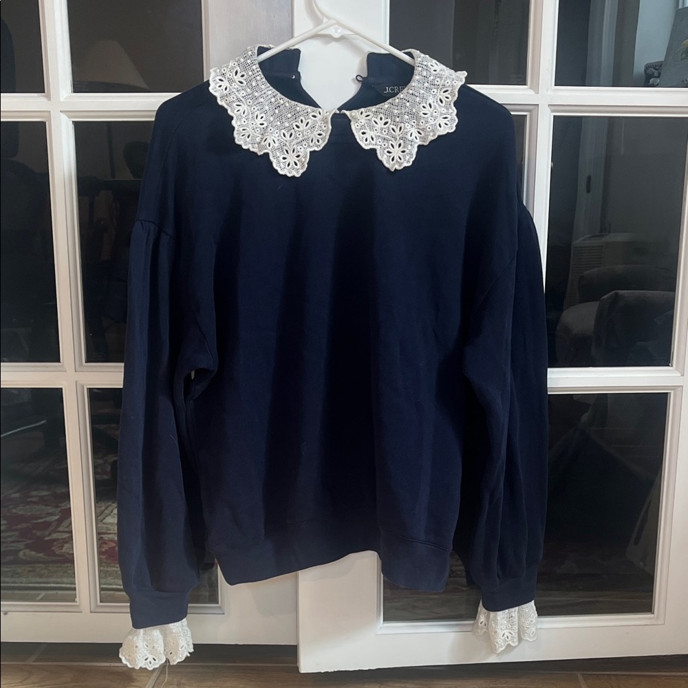 J. Crew Navy terry sweatshirt with Lace Accents- M